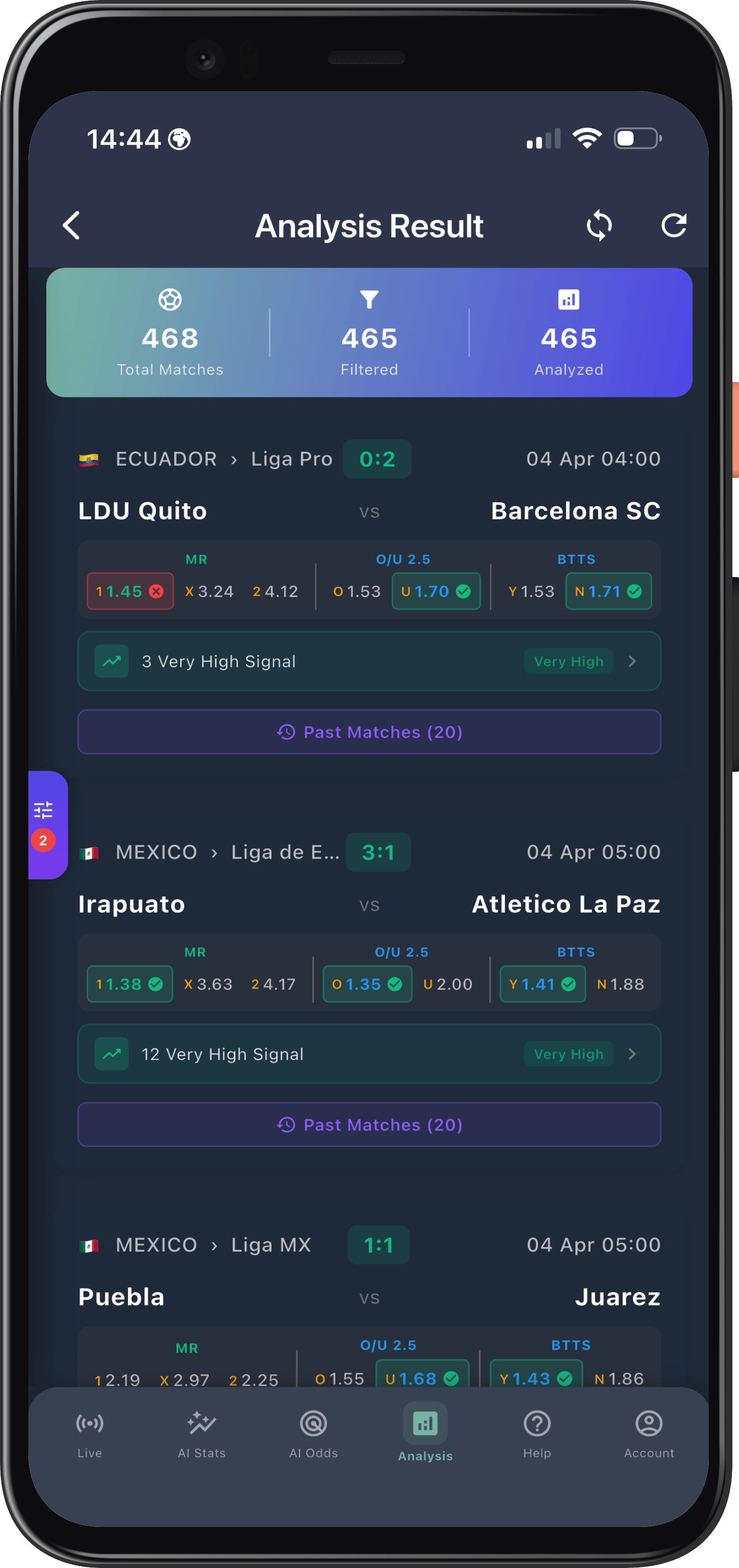 OddsTips mobile analysis result screen